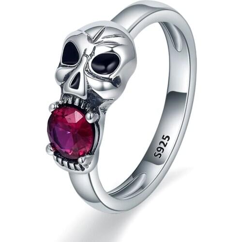 925 Sterling Silver Fashion Retro Vintage Skull with Red Stone Finger Rings for Halloween Party Women Jewelry Gift Free Shipping