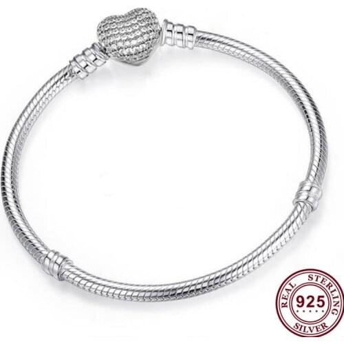 Authentic 925 Sterling Silver Pan Bracelet New Classic Heart-shaped Snake Bone Chain Fit Diy Charm Women Jewelry