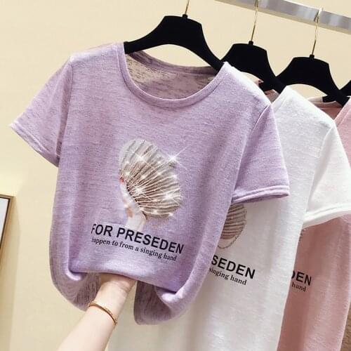 White Cotton T shirt Women Tops Summer Casual Tshirt Women Clothes Korean Short Sleeve Kawaii Beading Tee shirt Fashion