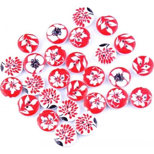 Free Shipping 50Pcs Random Mixed 2 Holes Print Flower Wood Buttons 15mm Dia. Sewing Tools For Diy Clothing Accessories F0582F