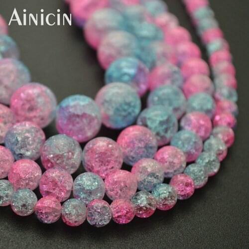 5pcs Pink and Blue Mixed Cracked Crystal Quartz Beads 6~12mm Round Shape Strand Loose DIY Jewelry Making Matrialls