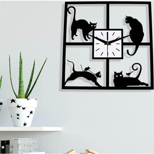 Black Cute Cat Wall Clock Quartz Movement Now Design Home Decoration Wall Stickers Living Room Silent Acrylic Wall Watch