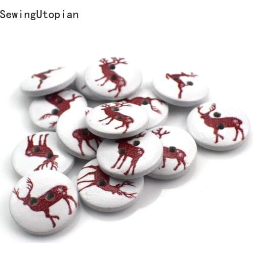 100pcs 15mm Random Mixed 2 Holes Christmasday Christmas Deer Wood Sewing Buttons Scrapbooking