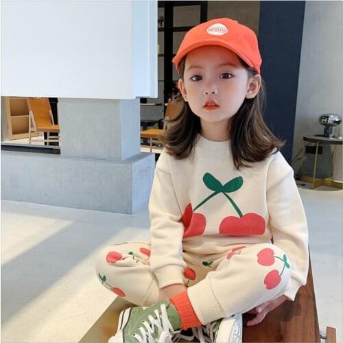 Children Long Sleeve Cotton Kids Cartoon Outfits Baby Girls Clothing Set Autumn Cherry Sports Suit Girls Sweatshirt Pants Set