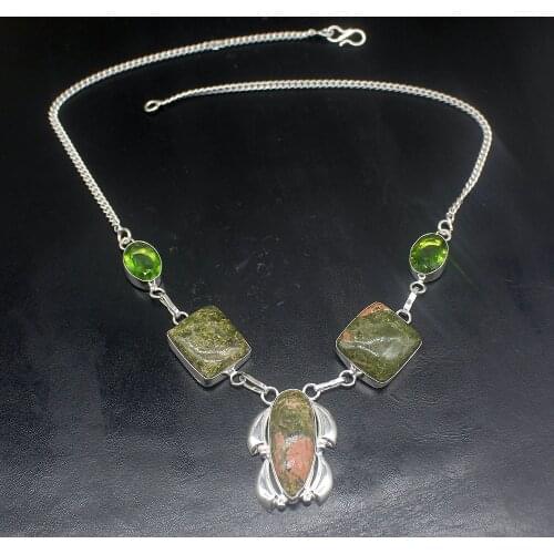 Hermosa Jewelry Natural Green Unakite Peridot Silver Color Women Ladies Gifts Pendant Necklace Chain 46cm 20213379
