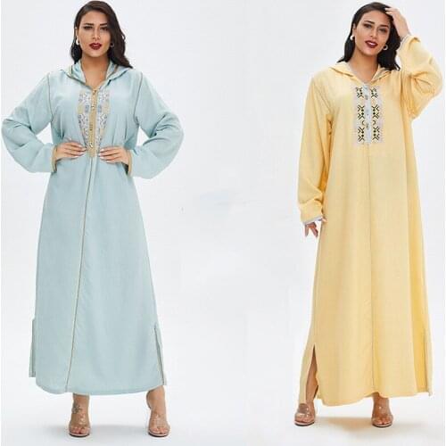 Summer Hooded Muslim Abaya Dress For Women Ramadan Eid 2021 Dubai Elegant Ethnic Embroidery Long Sleeve Arabic Turkey Clothes