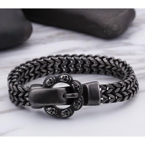 Fashion Punk Flower Skull Heads Charm Bracelets Men Stainless Steel Brushed Matte Bike Chain Buckle Bracelets Biker Jewelry