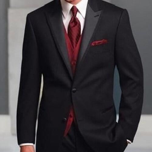 Fashion Luxuary Black Suit With Red Vest Slim Fit Groomsmen Tuxedo For Wedding Dinner Party Male Clothing (Jacket+Vest+Pants)