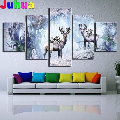 5 Piece diamond painting Deer Landscape Animal Multi Panel Diamond picture full round diamond embroidery Rhinestone home Gift