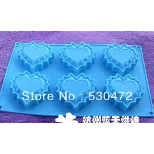 Wholesale/retail,free shipping ,6 hole heart silicone Cake Mold flower soap mold 30*18*2.5CM