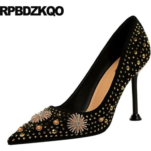 Rivet Crystal Pointed Toe Black Scarpin Ladies High Heels Shoes 11 43 Stiletto Cheap Metal Plus Size Stud Pumps Slip On 10 42