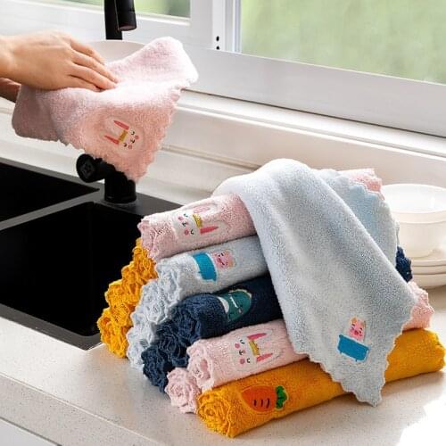 1Pcs For Household Multifunctional Cartoon Embroidery Super Absorbent Dish Cloth Kitchen Rags Cleaning Towel Coral Velvet