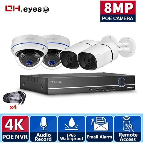 OH.Eyes 8MP 4K Ultra HD Security Camera System 4ch PoE NVR & 4 PoE IP Bullet Dome Cameras Surveillance 4CH NVR Kit P2P XMEYE