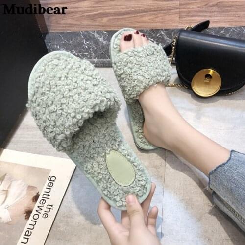 Mudibear Winter Autumn Slippers Wood Floor Footwear Non-slip Plush Flat Slipper New Style Womens Home Indoor 36-41 Shoes