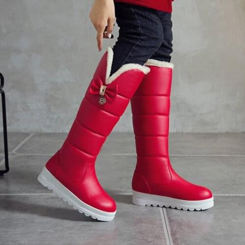 YQBTDL Fashion Winter Red Black Sweet Crystal Bow Knee High Boots Female Wedges Shoes for Women Botas Thicker Long Snow Boots