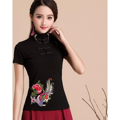 Chinese Style Clothing Women Black Embroidery Folk Retro Vintage Shirt Female Ethinc Blouse Spring Ladies Chinese Tops TA1371