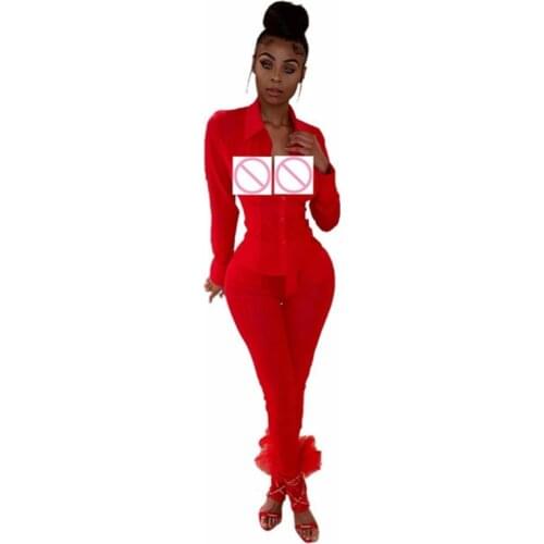 Plus Size Mesh Sexy Two Piece Set Women See Through Blouses Top+Bodycon Pant Suit Club Outfits Matching Sets Festival Clothing