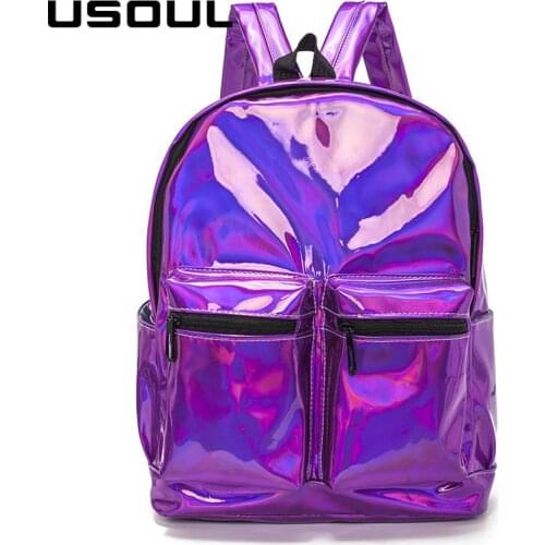 USOUL Women Laser Backpack Collage School Bags For Teenage Girls Fashion Travel Backpacks Female Purple Silver Gold Mochila 2020