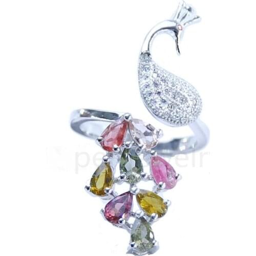 Per jewelry Natural tourmaline peacock style ring Free shipping 925 sterling silver 0.3ct*7pcs gemstone Fine jewelry B972208