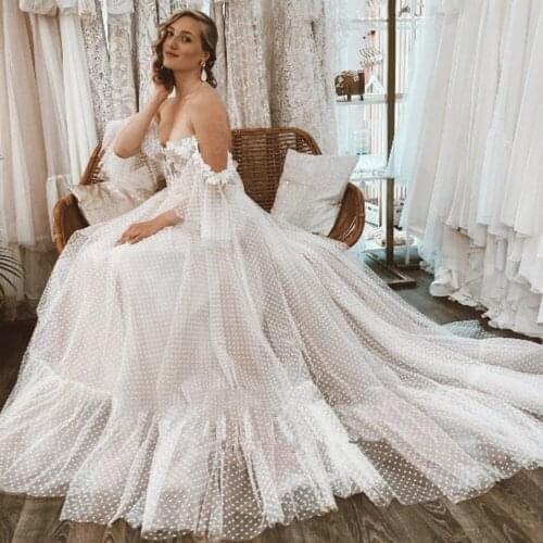WUZHIYI Spring Off Shoulder Princess Wedding Dress Boho Short Sleeves Polka Dot Formal Evening Party Bridal Gowns Robe De Mariee