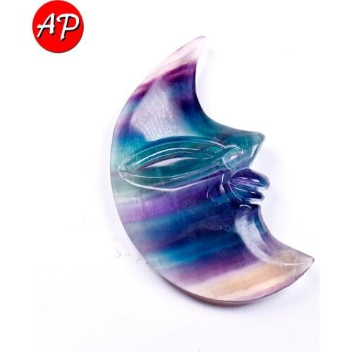1pc Natural Crystal Rainbow Fluorite Moon Shape Quartz Healing Stone Hand Carved Handicraft Ornaments Energy Home Decor Gem