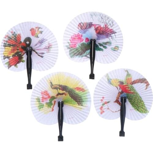 1PC Female flower Handheld Fan Chinese Pocket Folding Hand Fan Round Circle Printed Paper Decorative Fan Party Decor Gift Random