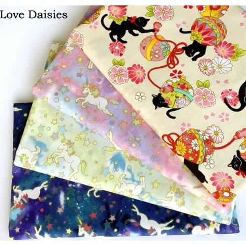 100% Combed Cotton Bronzed Japanese Style Flower Drum Black Cat PINK GREEN NAVY Unicorn Star Fabric For DIY Craft Handwork Decor
