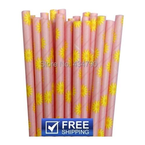 200pcs Yellow Daisy Printed Pink Party Paper Straws Suppliers,Cake Pop Sticks,Baby Shower Party Supplies Decorations Wholesale