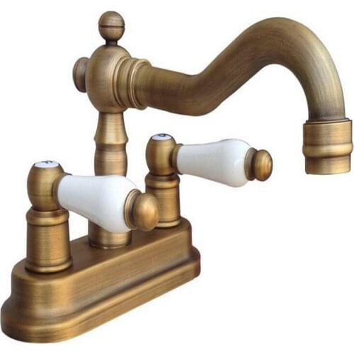 Antique Brass 4" Centerset Bathroom Two Holes Basin Faucet Sink Mixer Tap Swivel Spout Double Ceramic Levers mnf326