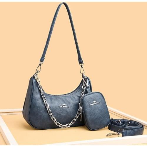 Brand Soft Leather Handbag For Women 2021 Counter Genuine Mother Shoulder Bag 2 Sets Casual Daily Lady Cross Body Bag Blue