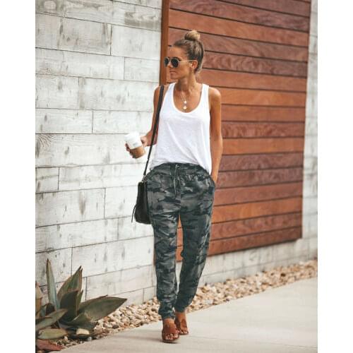 New Arrival Women Casual Camouflage Printing Fashion Trousers Drawstring High Waist Loose Running Mountaineering Sports Trousers