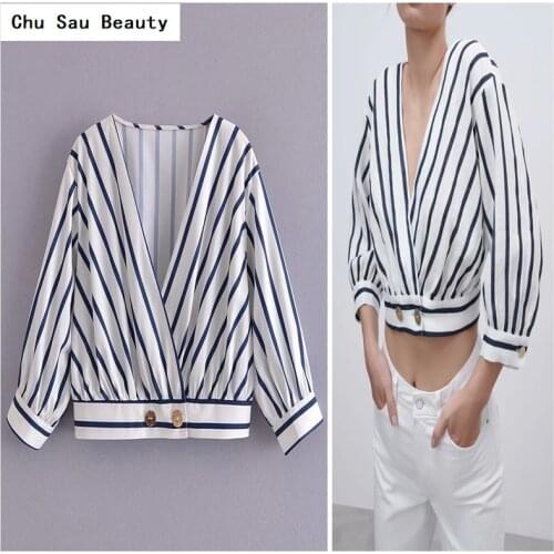 Chu Sau Beauty 2021 Womens Retro Cross Deep V-Neck Striped Print Short Tops Summer Office Casual Linen Sleeve Shirt