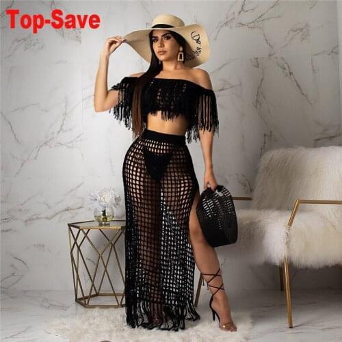 Hot Sale Fashion Woman Set Sexy Hollow Handmade Tassel Off The Shoulder Crop Top And Beach Skirt Casual See Through Suit Vintage