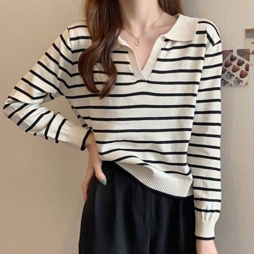 LJSXLS Striped Pullover Knitted Sweater Women Clothes 2021 Autumn Winter Casual Jumpers V Neck Long Sleeve Sweaters Tops Femme