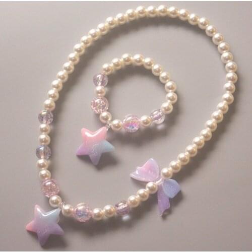 Cute Children Pearl Necklace Bracelet Heart Star Glitter Girls Princess Beaded Jewelry Set Festival Gifts