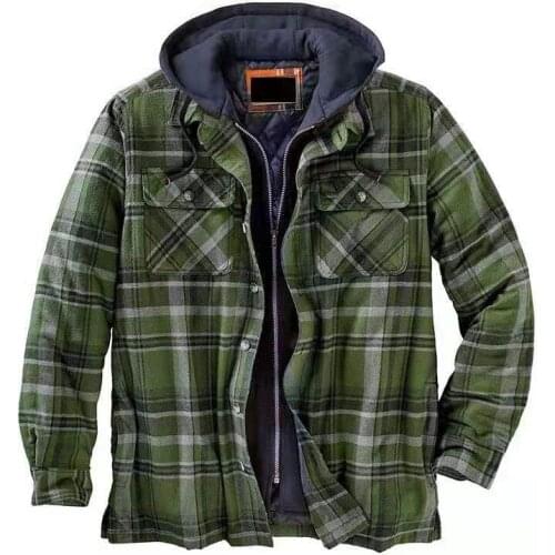 Mens Clothing European American Autumn and Winter Models Thick Cotton Plaid Long-sleeved Loose Hooded Jacket