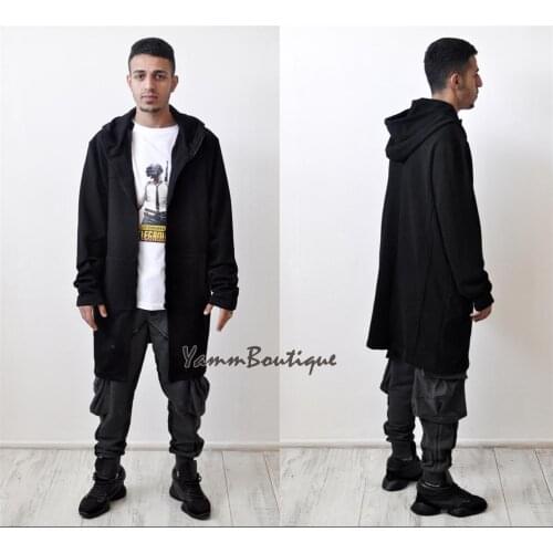 XS-6XL Tech Mens Dark Black Relaxed-fit Oversized Overlong Hooded Zip Up Sweatshirt