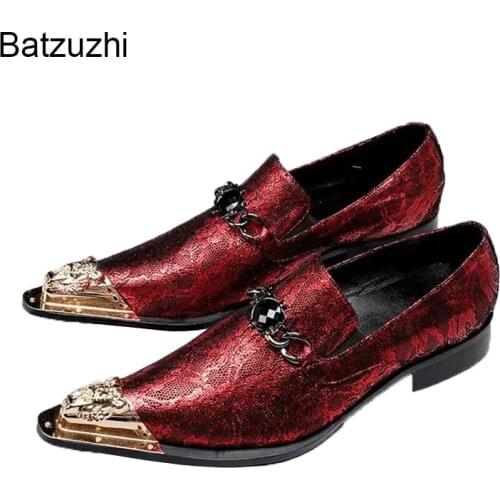 Batzuzhi Italian Type Handmade Mens Shoes Pointed Golden Metal Toe Leather Dress Shoes Men Party and Wedding Oxfords, EU38-46