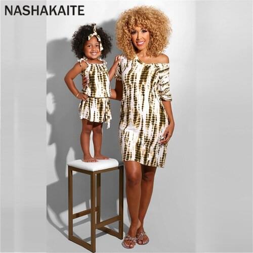 NASHAKAITE Summer Mom And Daughter Matching Dress Casual Print One Shoulder Dress Mommy And Me Dress Mother And Daughter Clothes