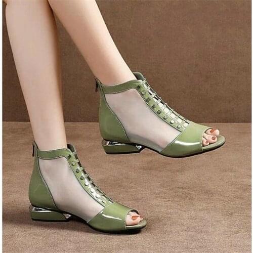 2021New Peep Toe Sandals Boots,Women PU Leather Summer Mesh Shoes,Low Heels,Back Zip,Female Footware, 2021 New