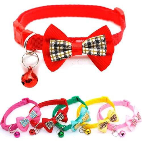 Adjustable Dog Collar Doggie Necklace Safety Buckle Puppy Neck Strap Belt for Dog With Bell Pet Collar Checkered Bow