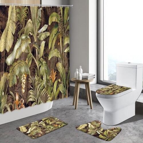 Retro Nostalgic Abstract Tropical Leaf Shower Curtain Plant Banana Leaves Oil Painting Decor Sets Bathroom Toilet Rug Bath Mats