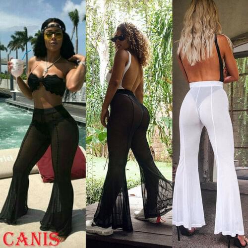 Mesh Perspective flared pants Women Sheer Beach Sexy Swimwear Pant See Through Cover-Ups