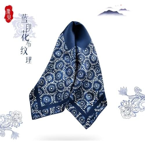 Chinese style navy blue natural silk scarf women printed flower 100% real silk twill 50cm small square wrap luxury ladies gift