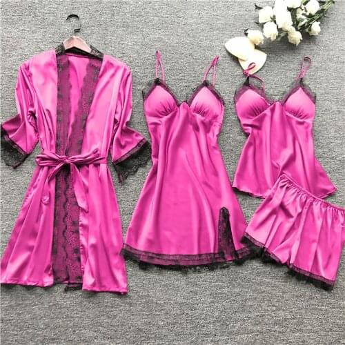 Sexy Womens Gown Lace Bathrobe Night Dress 4 Pieces Set Sleepwear Faux Silk Robe Embroidery Femme Lingerie Erotic Set Nightgown
