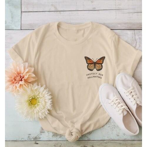 Sunfize HJN 1pcs Protect Our Butterfly Pollinators Pocket Printed Cotton T Shirt Women T Shirt Summer Short Sleeve Tops