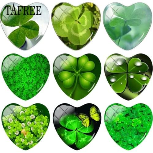 TAFREE Green Four Leaf Clover Images Heart Shape 25mm DIY Glass Cabochon Charms For Key Chains Necklace Pendant Jewelry Findings