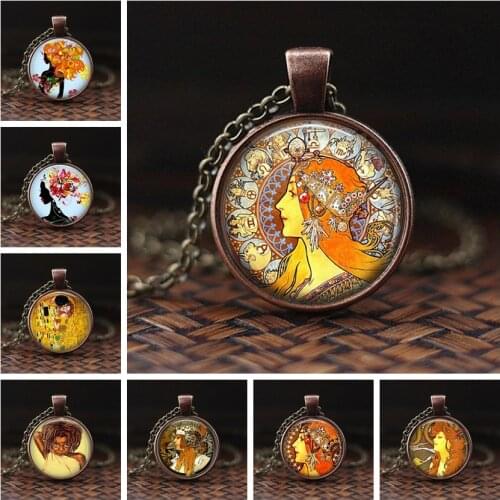 Vintage Alphonse Mucha Necklace Alphonse Mucha Handmade Round Glass Cabochon Pendant Necklace Creative Friendship Gift