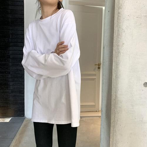 Woman Tshirts Womens Cotton White Spring and Autumn Long Sleeve Top Loose Black round Neck T-shirt Ropa Mujer Camisetas