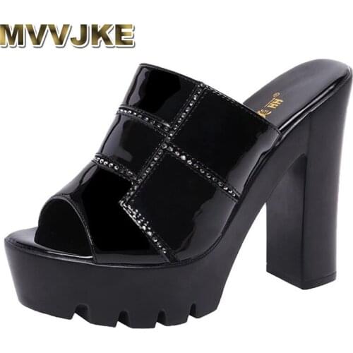 MVVJKEPlus Size 32-43 High Heels Slippers Women Platform Shoes Summer 2021 Block Heel Patent Leather Slides Ladies Slippers for